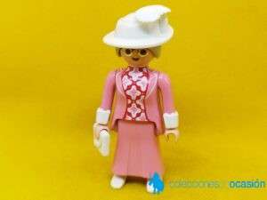 Playmobil Anciana vintage con vestido rosa y accesorios en blanco, mujer vintage